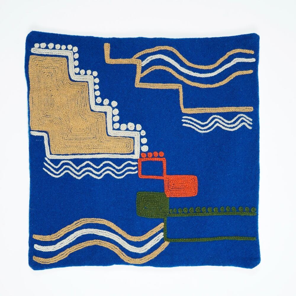 Vintage Handwoven Textile Pillow Cover 17x17 Blue Geometric Boho Southwestern